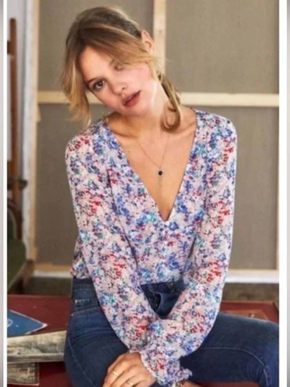 Sezane Floral Long-Sleeve V-Neck Blouse in Multicolor